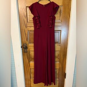 Romwe Women's Casual Sleeveless Ruffle Flutter Trim Wide Leg Jumpsuit Burgundy S